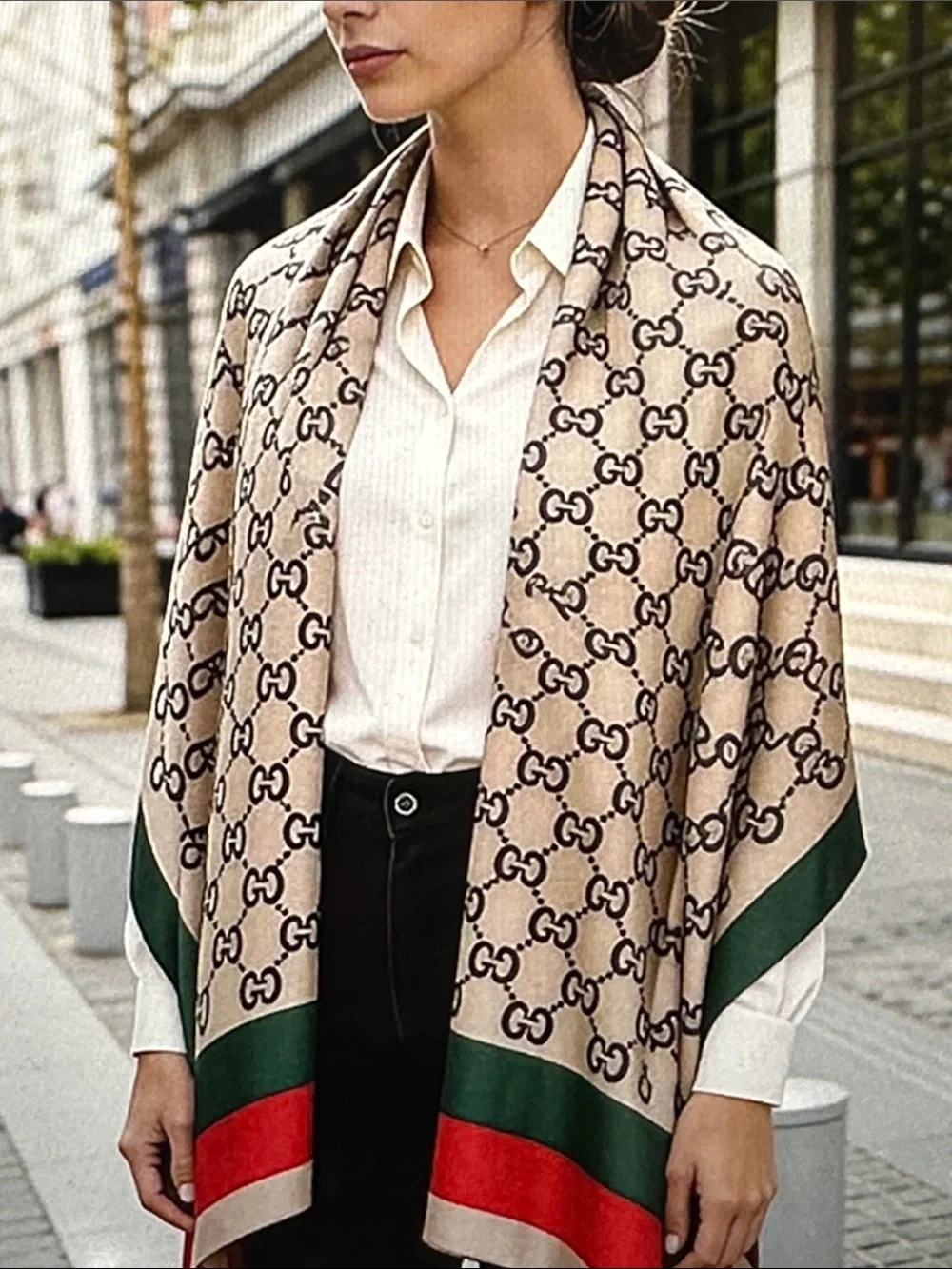 Designer-Inspired Beige Patterned Scarf with Green & Red Trim